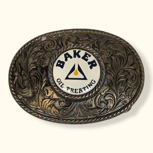 Vintage Baker Oil Treating Brass Belt Buckle